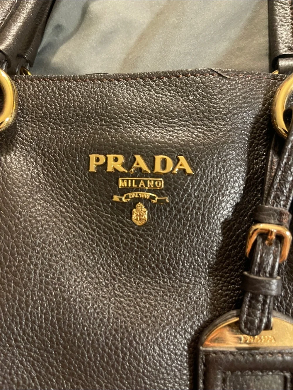 Prada Dark Brown Pebbled Leather Tote with Gold Hardware